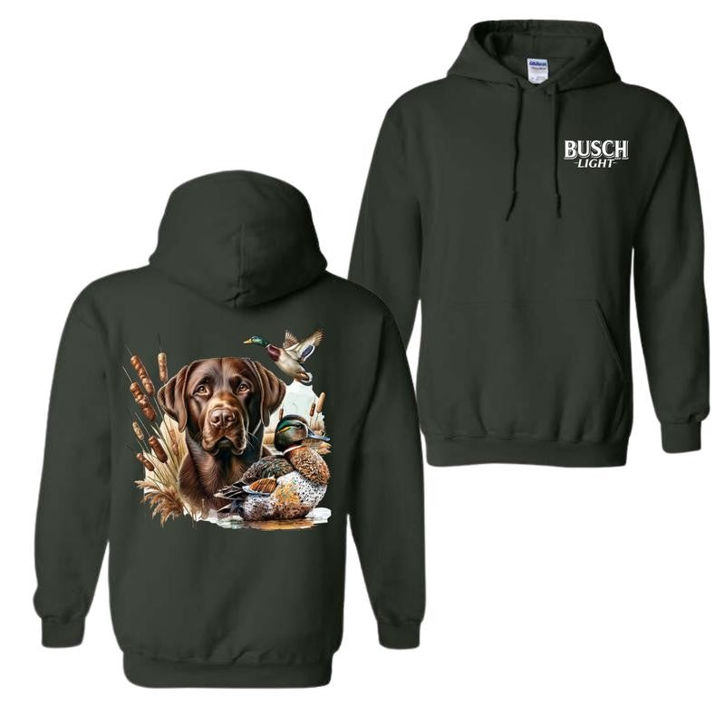Busch Light Dog Friend Graphic 2 Sided Hoodie, Vintage Mallard Hunting Hoodie, Waterfowl Graphic Unisex Hoodie For Man For Women