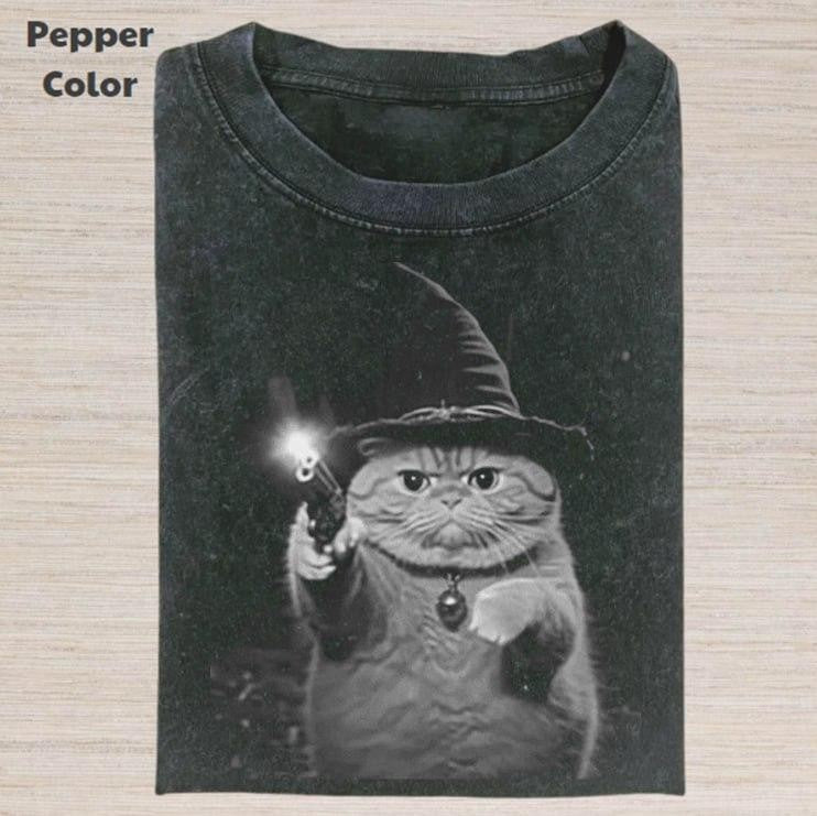 Retro Funny Vintage Graphic Tee, Wizard Cat Gun T-Shirt, Unisex Meme Cringe Funny Dumb Shirt, Gift For Men Women, Menswear Womenswear Streetwear