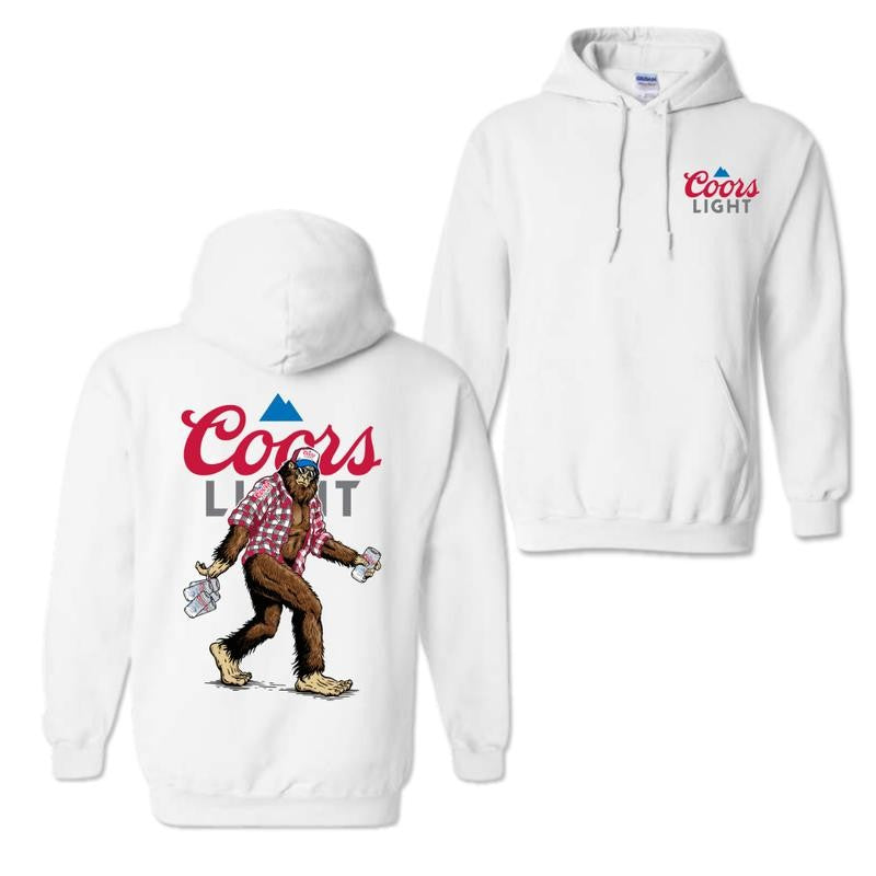 Coors Light Sasquatch Hoodie and T-shirt, Fun Bigfoot Design With Plaid Shirt And Coors Light Cans, Unisex Hoodie, Perfect For Beer Lovers And Outdoor Enthusiasts