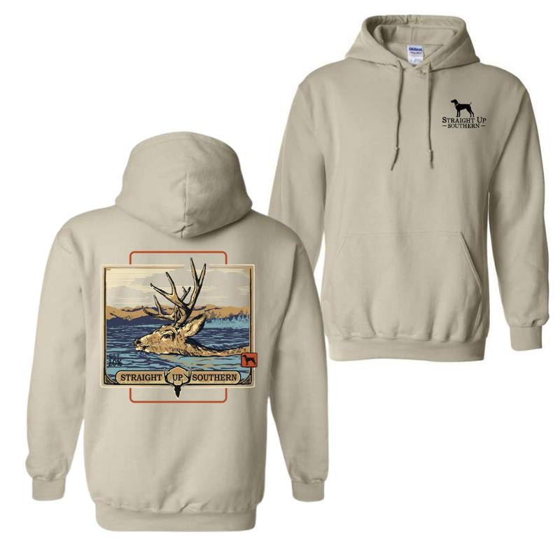 Straight Up Southern Unisex Hoodie - Bold Deer & Mountain Scene Design for Outdoor Enthusiasts and Nature Lovers