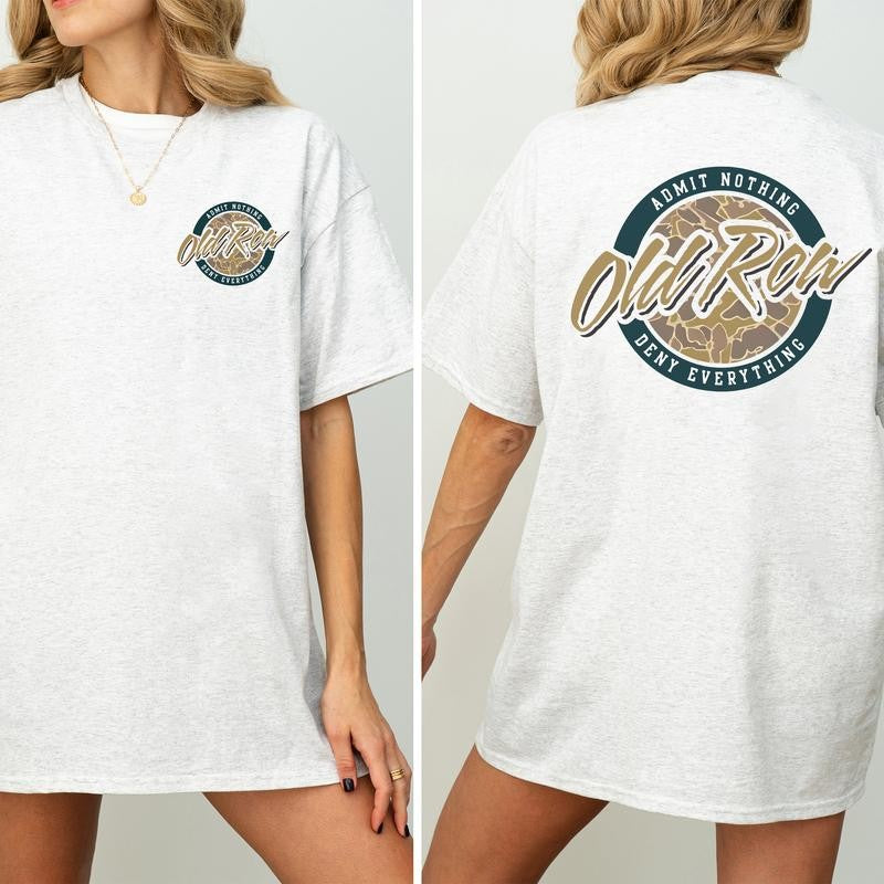 Vintage 80s Old Row Camo Shirt 2-Sided, Old Row Circle Logo Printed Tee, Retro OldRow T-shirt, Hunting Tee, Summer Drink Tee, Drinking Tshirt, Soft Cotton Fabric Women's Top, Casual Womenswear
