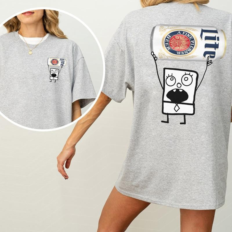 DoodleBob Miller Lite Unisex T-Shirt, Doodlebob Beer Graphic 2 Sided Shirt, Vintage Drink T-Shirt, Drinking Tshirt for Men, Comfort Cotton Fabric Tshirt, Printed Graphic Women's Top, Casual Womenswear, Drink Shirt
