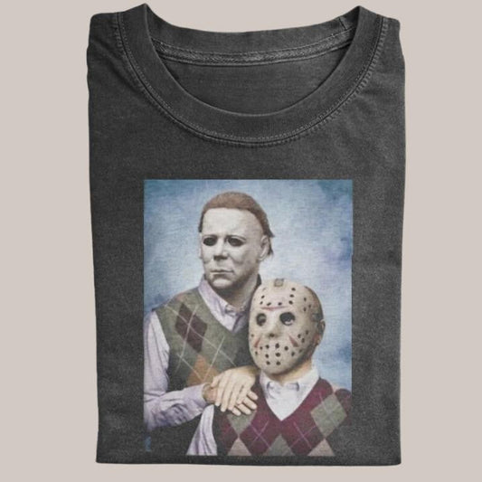 Halloween Vintage Tees, Jason Voorhees Michael Myers T-shirt, Horror Movie Shirt, Unisex Funny Halloween Shirt Menswear Womenswear Streetwear