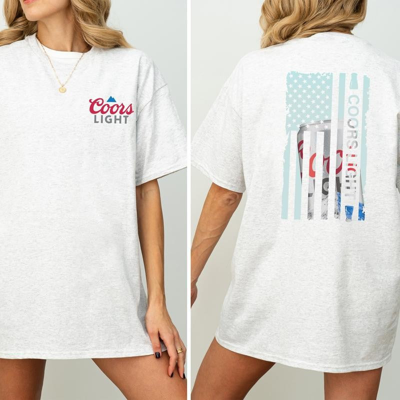 Coors Light American Flag Graphic 2 Sided Shirt, Beer Drinking T-shirt, Soft Cotton Fabric Tshirt, Unisex Drinker Top, Printed Casual Womenswear