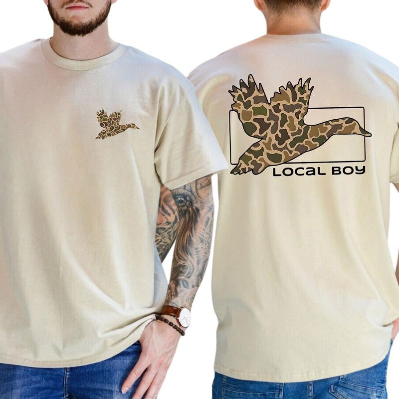 Camo Duck Hunting Shirt, Old School Camo T-Shirt Unisex 2 Sided, Casual Menswear, Classic Cotton Top, Soft Fabric Shortsleeve Shirt