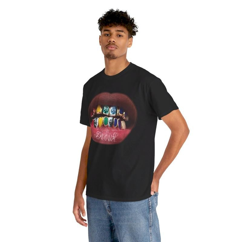 Vintage Icy Rainbow Grill Teeth Drouq Y2k 90s Hip-Hop Vibes Heavy Cotton Graphic T-Shirt Tshirt Shirt HipHop Rap Tee Casual Menswear Retro Top Classic Oversized Comfy Underwear Streetwear Crewneck