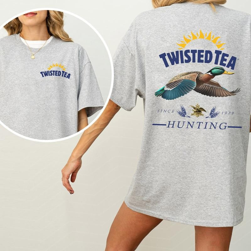 Vintage Twisted Tea Hunting Duck Shirt 2-Sided, Marllard Hunt Tshirt, Summer Hunting Graphic Printed Tee, Retro Drinking T-shirt, Drink Tee, Soft Cotton Fabric T-shirt, Women's Top, Casual Womenswear