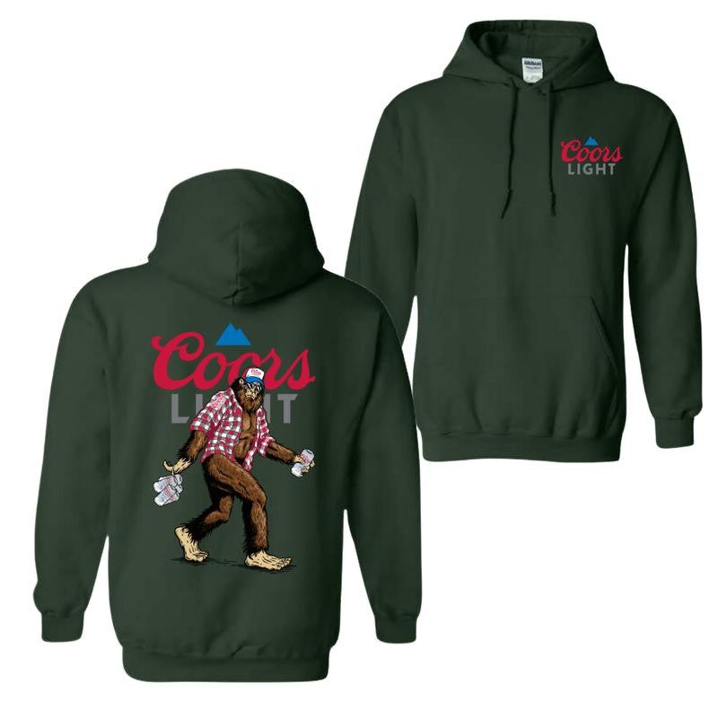 Coors Light Sasquatch Hoodie and T-shirt, Fun Bigfoot Design With Plaid Shirt And Coors Light Cans, Unisex Hoodie, Perfect For Beer Lovers And Outdoor Enthusiasts