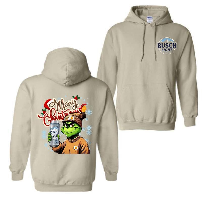 MERRY CHRISTMAS BUSCH LIGHT GRYNCH 2 SIDED Hoodie - Christmas Sweatshirt with beer, Unisex for Men and For Women