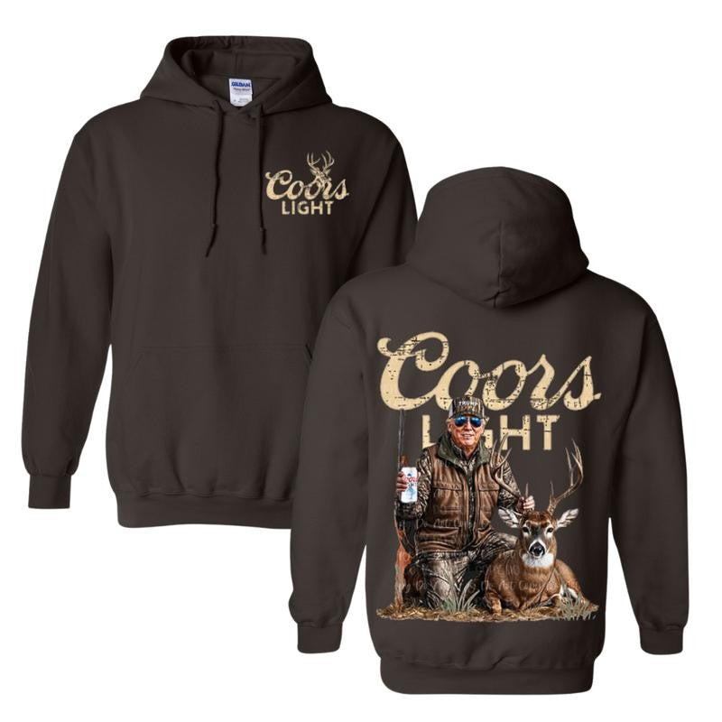 Trump Bush Coors Light Hunting Deer Hoodie Full Color, Gun Trump Hunter Sweatshirt Retro Camo Trump MAGA Shirt Unisex Hunting Season Tee for Men Women