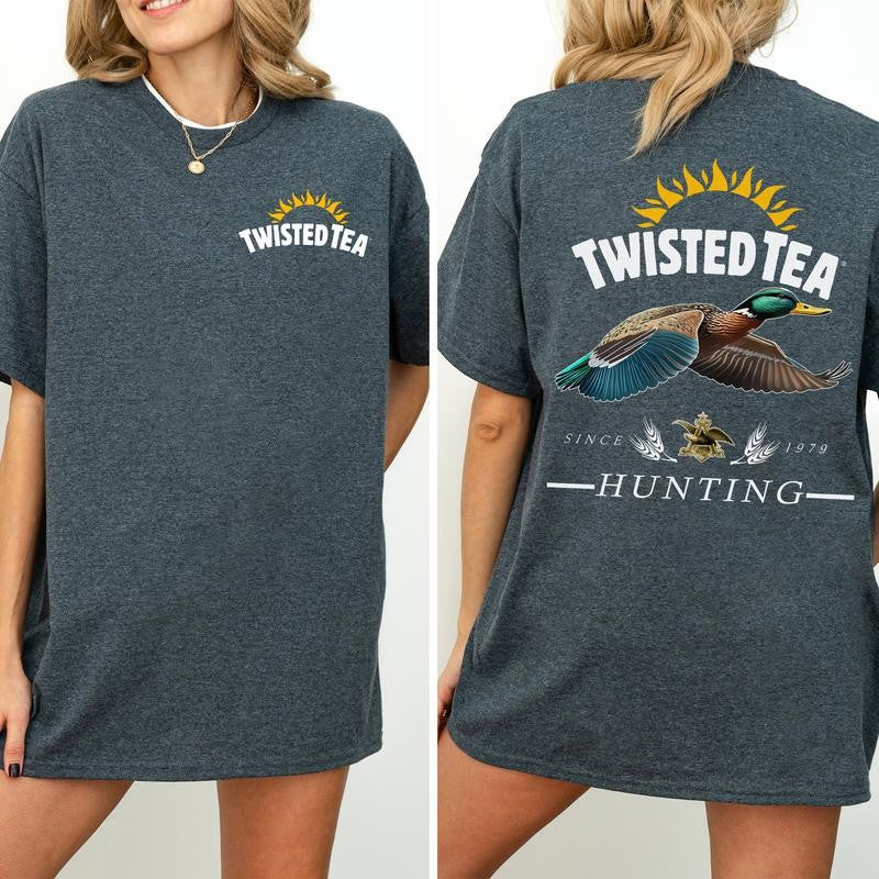 Vintage Twisted Tea Hunting Duck Shirt 2-Sided, Marllard Hunt Tshirt, Summer Hunting Graphic Printed Tee, Retro Drinking T-shirt, Drink Tee, Soft Cotton Fabric T-shirt, Women's Top, Casual Womenswear