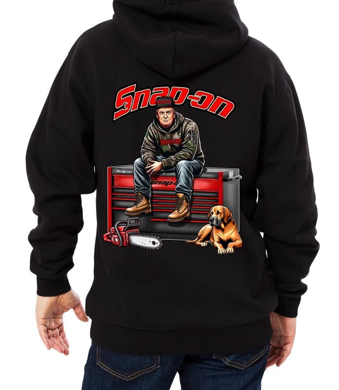 Snap-On Trump 2 Sided T-shirt, Hoodie, Crewneck Camo Workwear T-shirt, Trump With Chainsaw Graphic