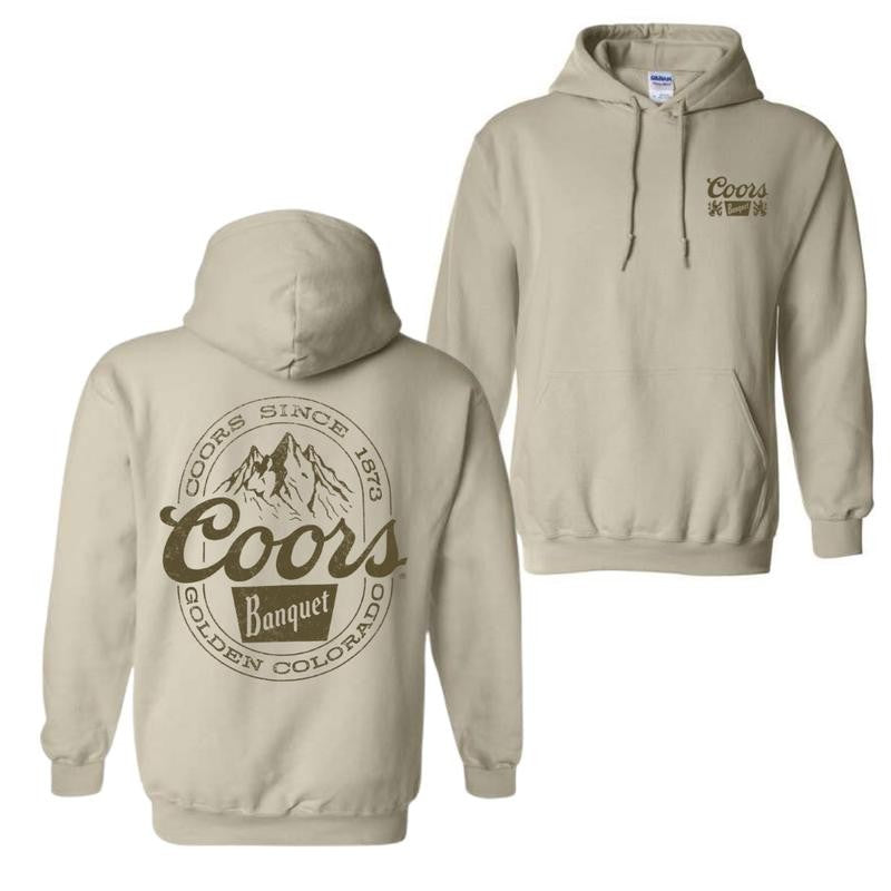 Coors Banquet Hoodie - Classic and Rugged Design Featuring Retro Coors Logo with Mountain Graphics, Comfortable Black Unisex Hoodie for Everyday Wear Menswear