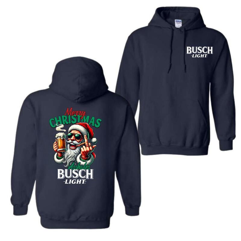 Busch Light, Merry Christmas Santa Claus Drink Beer 2 Sided Hoodie, Christmas Sweatshirt with beer, Perfect for outings and holidays, Unisex for Men and For Women