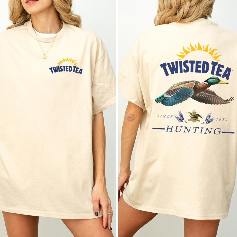 Vintage Twisted Tea Hunting Duck Shirt 2-Sided, Marllard Hunt Tshirt, Summer Hunting Graphic Printed Tee, Retro Drinking T-shirt, Drink Tee, Soft Cotton Fabric T-shirt, Women's Top, Casual Womenswear
