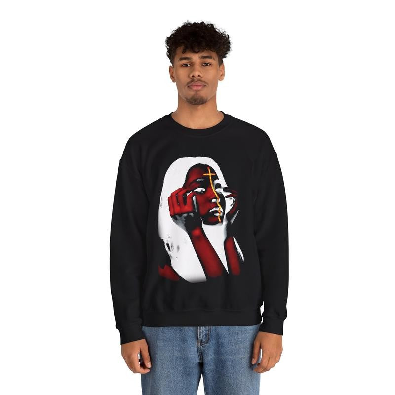 Vintage Flaming Cross Girl Heavy Blend Crewneck Sweatshirt Retro Vintage Comfy Sweater Streetwear Crewneck Long sleeve Christian Fashion Classic Menswear Cotton Polyester