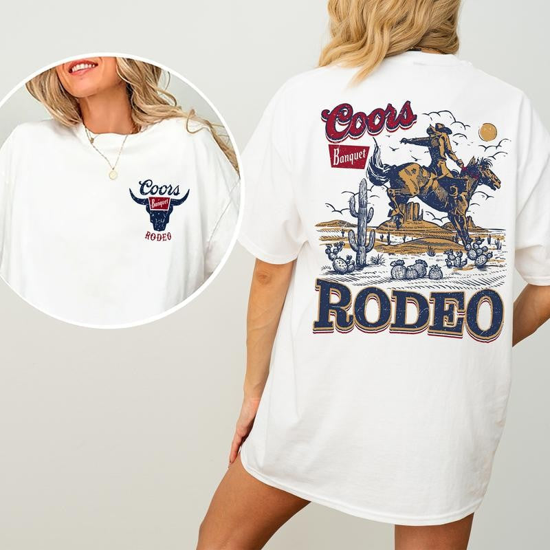 Coors Rodeo Vintage Graphic 2 Sided Shirt, Retro Rodeo T-Shirt, Wild Rodeo Yee Haw Cowboy T-shirt, Cowgirl Comfort Clothing, Cotton Fabric Tshirt, Printed Women's Top, Casual Womenswear, Drink Shirt
