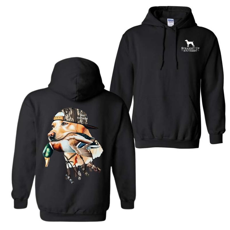 Straight Up Southern Hoodie - Bold Hunting Dog with Duck Graphic, Perfect for Outdoor Enthusiasts and Waterfowl Hunters, Unisex Hoodie
