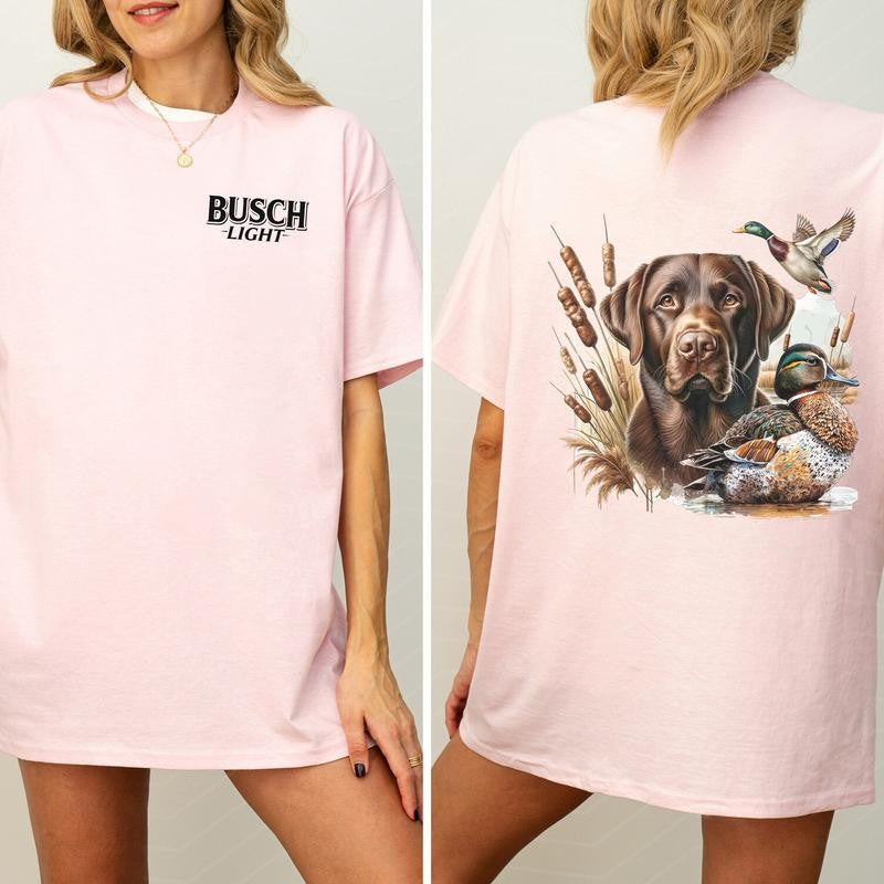 Busch Light Dog Hunting Duck 2-Sided Graphic Shirt, Mallard Hunting Shirt for Men, Dog Hunt Tee, Soft Cotton Fabric Tshirt, Classic Casual Womenswear