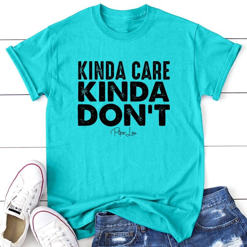 FLASH SALE | Kinda Care Kinda Don't Apparel, Proudly Printed In The USA, Tee / Tank / V Neck Gray / White / Blue / Hot Pink / Orange, #sassy #cute #blackprint