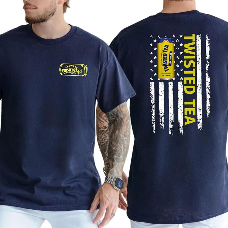 Casual, 2-Side Twisted Tea Logo Flag Funny T-Shirt, Full Color, For Men ,Gift For men, Casual.