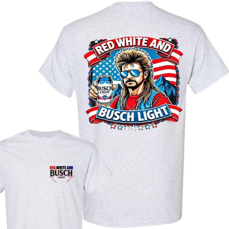 Busch Light -Beer- July 4th Busch Beer 2-sided Shirt | Merica, Forth of July, Red White and Blue, Joe Dirt, Casual Graphic Round Neck T-shirt for Summer, Fashion Top for Daily Wear, T shirt For Men And Women