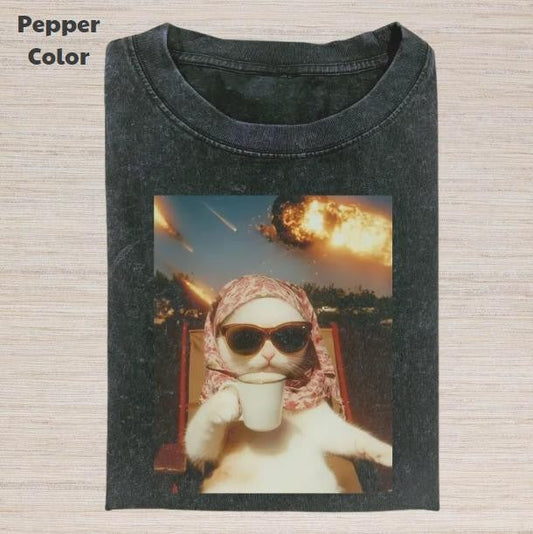 Just A Chill Girl Vintage Graphic Tee, Cat And Meteorite T-Shirt, Unisex Meme Cringe Funny Dumb Shirt, Menswear Womenswear Streetwear