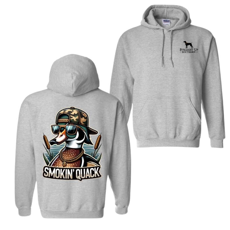 Smokin' Quack Hoodie and T-shirt - Sand design featuring a playful duck in sunglasses and a camo hat, unisex hoodies for man and women