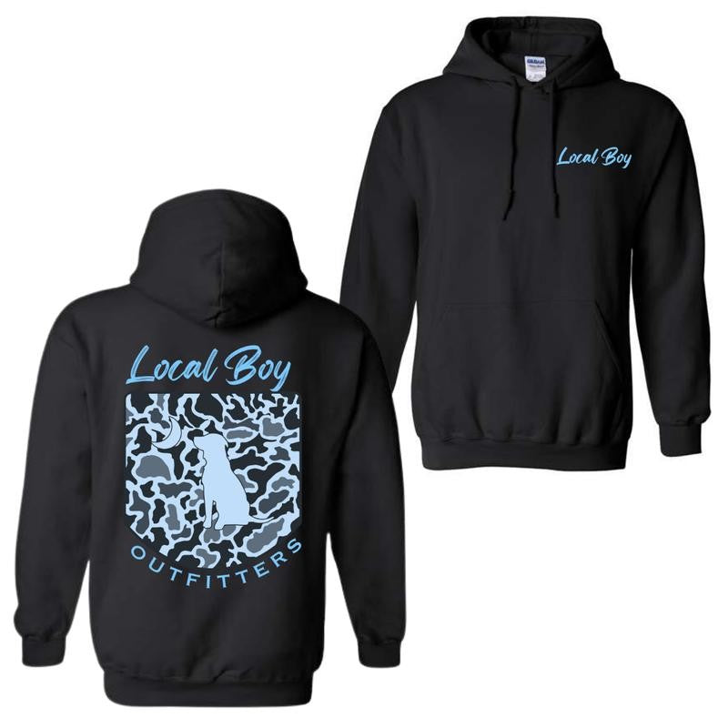 Local Boy Outfitters Hoodie - Blue Classic Camouflage Design Featuring a Dog and Moon Graphic, Perfect for Outdoor Enthusiasts and Casual Wear, Unisex Hoodie for Men and Women