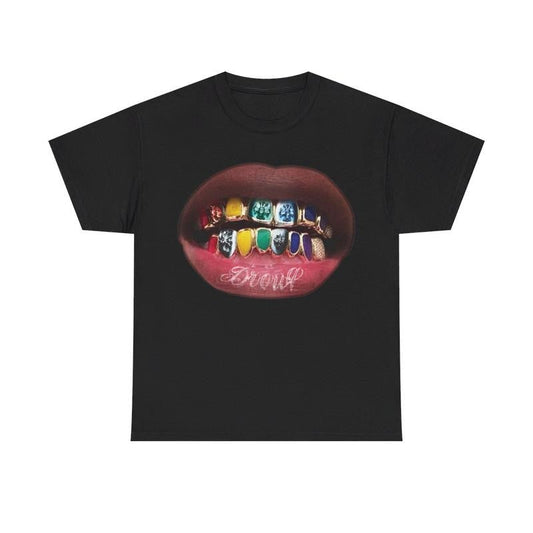 Vintage Icy Rainbow Grill Teeth Drouq Y2k 90s Hip-Hop Vibes Heavy Cotton Graphic T-Shirt Tshirt Shirt HipHop Rap Tee Casual Menswear Retro Top Classic Oversized Comfy Underwear Streetwear Crewneck