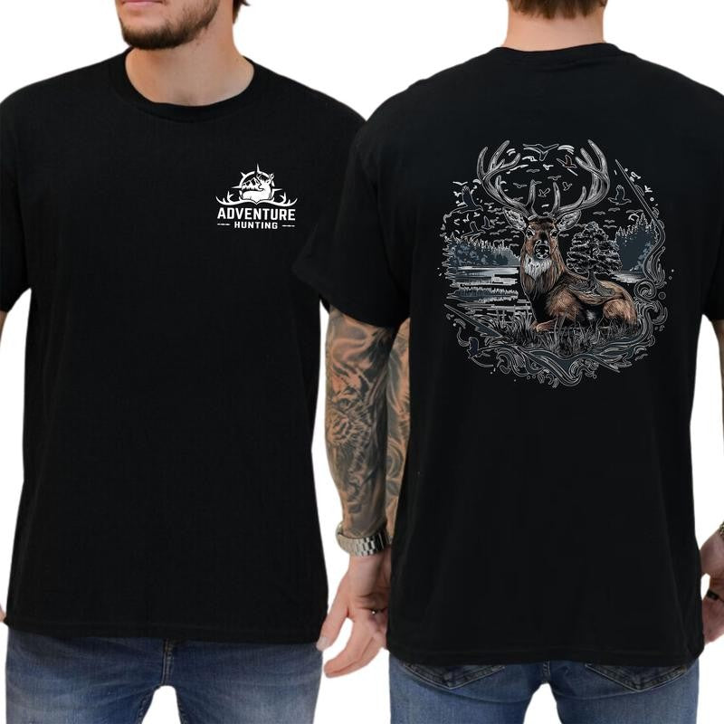 Adventure Hunting T-Shirt - Bold Buck Deer Graphic Tee, Classic Cotton Top, Soft Fabric Shortsleeve Shirt Fashion Fashion