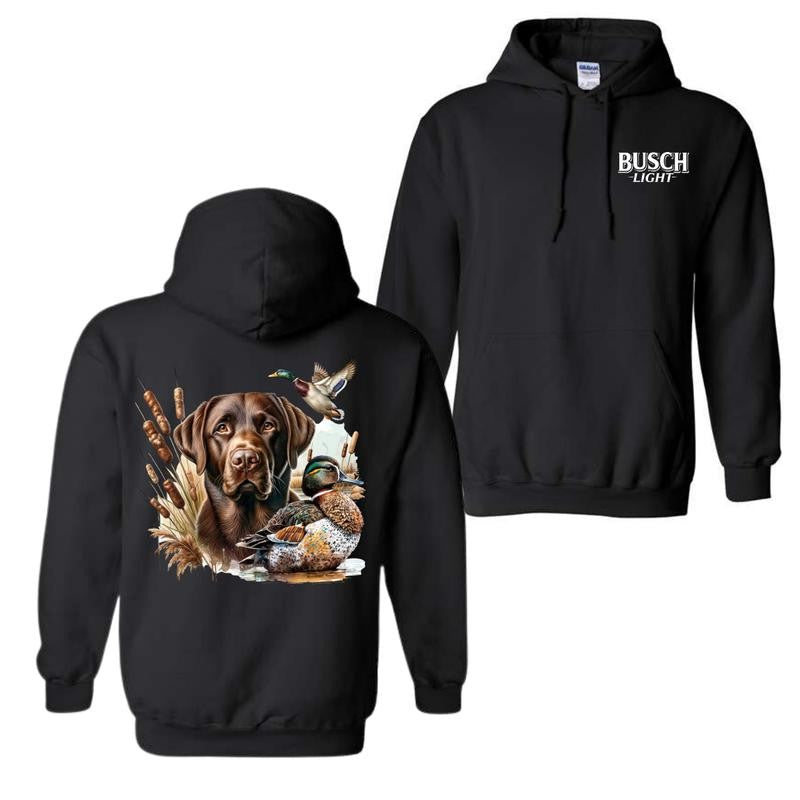 Busch Light Dog Friend Graphic 2 Sided Hoodie, Vintage Mallard Hunting Hoodie, Waterfowl Graphic Unisex Hoodie For Man For Women