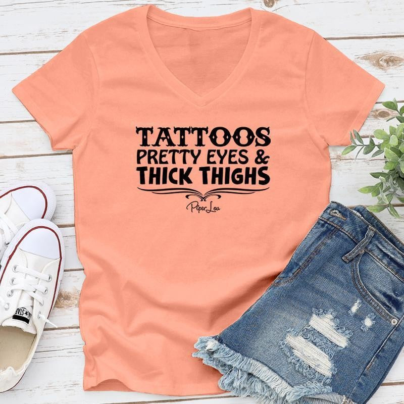 FLASH SALE | Tattoos Pretty Eyes And Thick Thighs Apparel, Proudly Printed In The USA, Tee / Tank / V Neck Gray / White / Blue / Hot Pink, #sassy #cute #blackprint