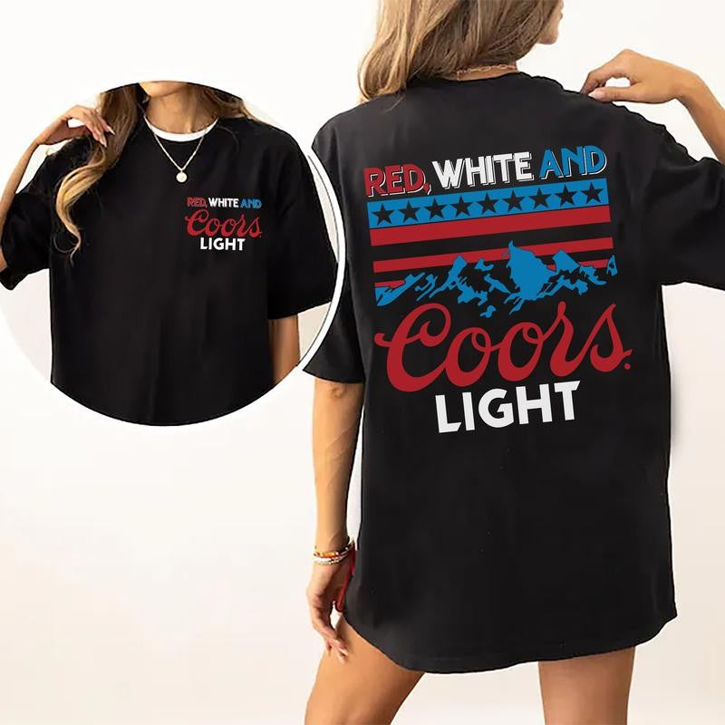 Red White And Coors Light 2 Sided Cotton T-Shirt Graphic 2 Sided Shirt, Comfort Clothing, Cotton Fabric Tshirt, Printed Women's Top, Casual Womenswear