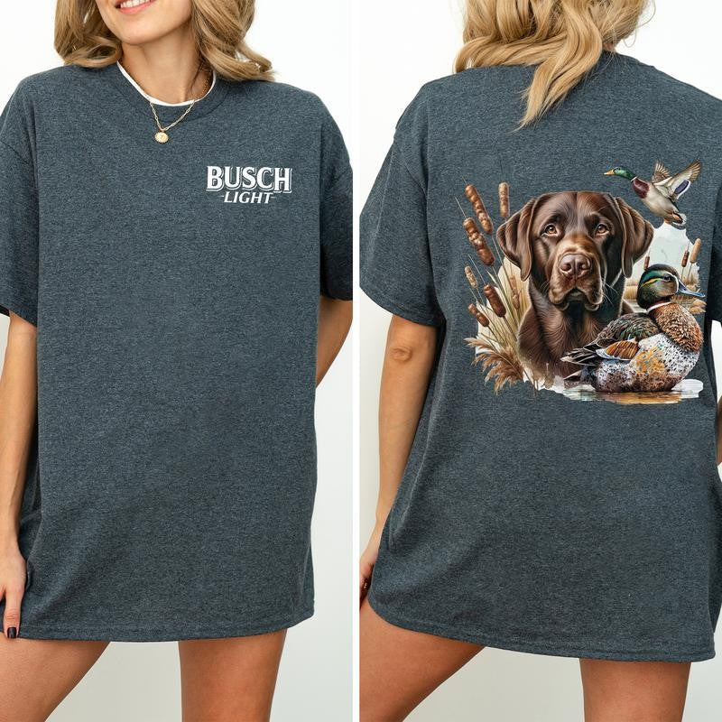 Busch Light Dog and Duck Graphic 2-Sided Shirt, Vintage Mallard Hunting Tshirt, Outdoors Dog Hunting Duck T-shirt, Cotton Fabric Casual Womenswear