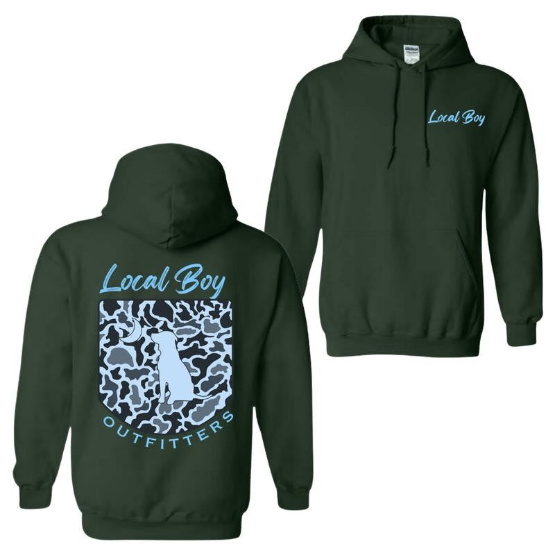 Local Boy Outfitters Hoodie - Blue Classic Camouflage Design Featuring a Dog and Moon Graphic, Perfect for Outdoor Enthusiasts and Casual Wear, Unisex Hoodie for Men and Women