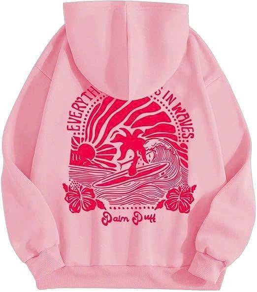 Pink Palm Puff Hoodie for Women Graphic Hoodie Sweatshirts for Teen Girls 2024 Cute Preppy Hoodies Y2k Fall Outfits Pullover Tops with Pockets