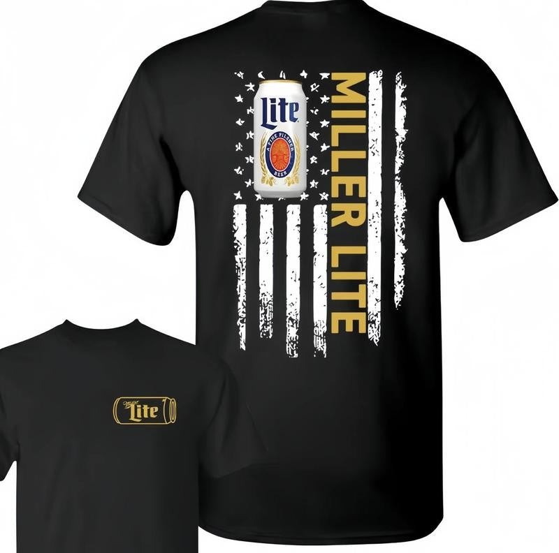 Miller Lite 2 Sided Unisex Shirt, Logo Flag Shirt, Funny Cotton Tee, Full Colors, For Men, For Women