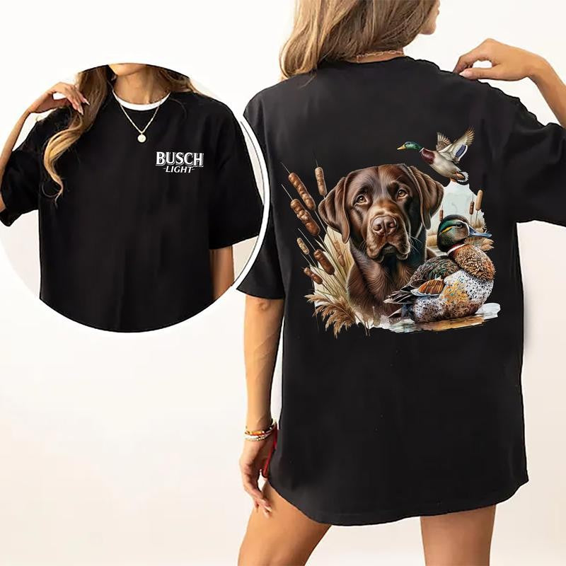 Busch Light Dog Hunting Duck 2-Sided Graphic Shirt, Mallard Hunting Shirt for Men, Dog Hunt Tee, Soft Cotton Fabric Tshirt, Classic Casual Womenswear