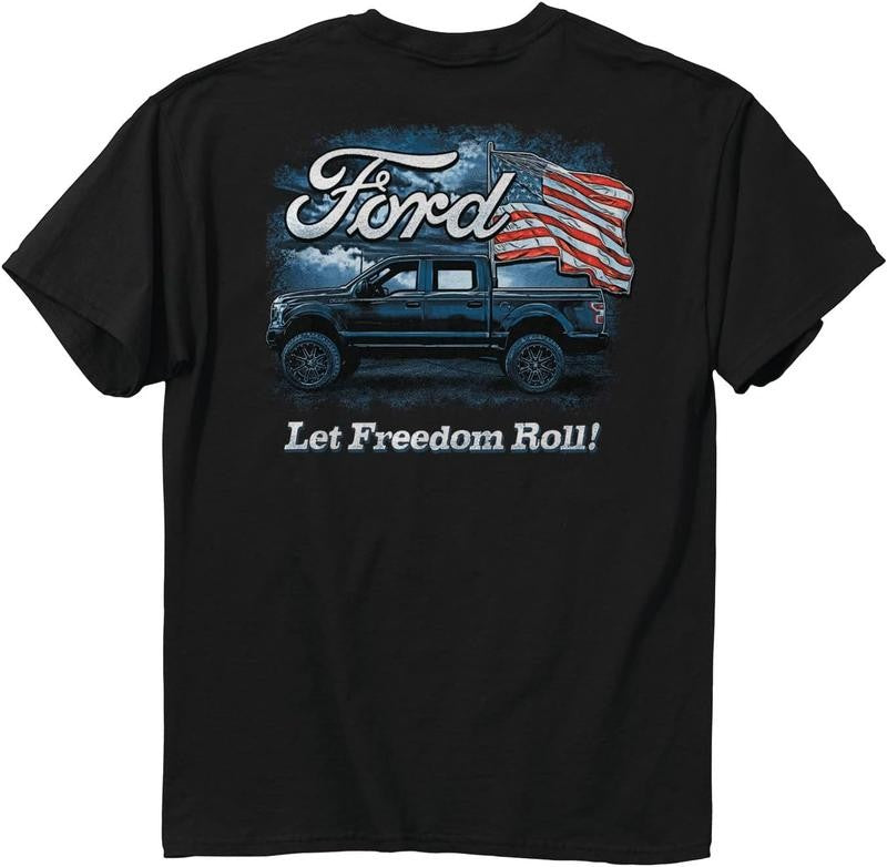 Buck Wear Ford F-150 Pickup Truck Let Freedom Roll American Flag Black T-shirt, Casual Yet Stylish Attire, Menswear Top, Classic Cotton, Unisex