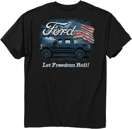 Buck Wear Ford F-150 Pickup Truck Let Freedom Roll American Flag Black T-shirt, Casual Yet Stylish Attire, Menswear Top, Classic Cotton, Unisex
