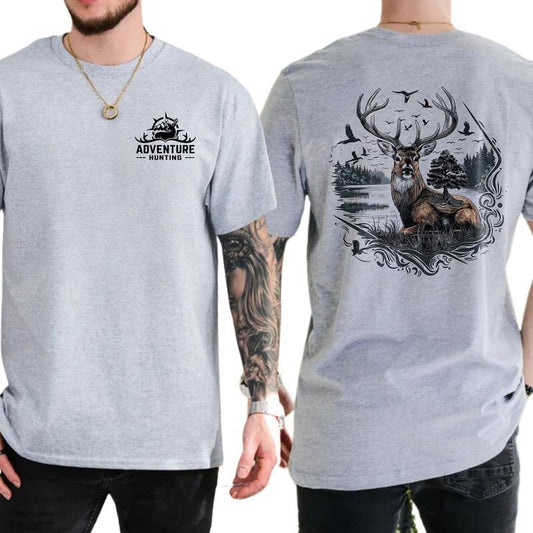Adventure Hunting T-Shirt - Bold Buck Deer Graphic Tee, Classic Cotton Top, Soft Fabric Shortsleeve Shirt Fashion Fashion