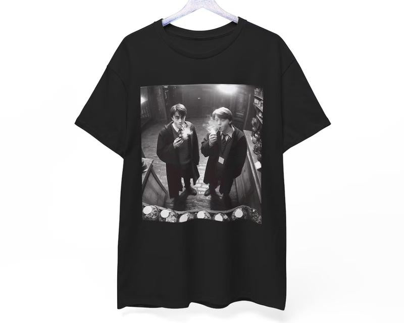Harry Potter and Ron Weasley Smoking Cigar Vintage Look Funny Meme Shirt, Harty Potter 90s Retro Look Tee, Meme Movie Shirt Casual Round Neck