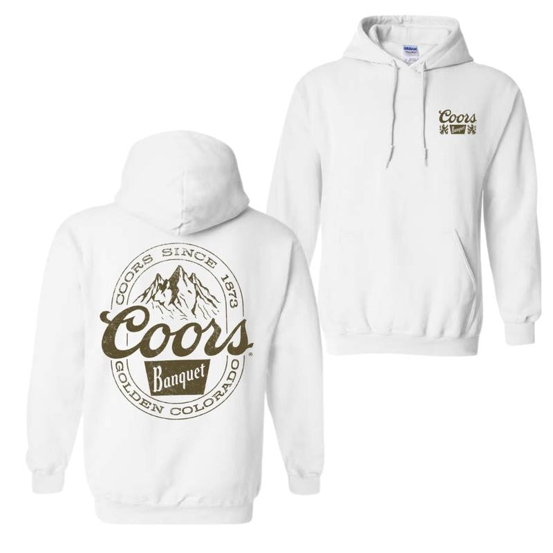 Coors Banquet Hoodie - Classic and Rugged Design Featuring Retro Coors Logo with Mountain Graphics, Comfortable Black Unisex Hoodie for Everyday Wear Menswear