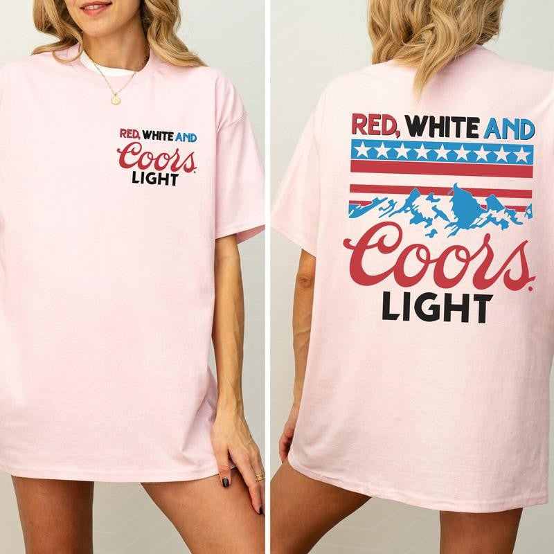 Red White And Coors Light 2 Sided Cotton T-Shirt Graphic 2 Sided Shirt, Comfort Clothing, Cotton Fabric Tshirt, Printed Women's Top, Casual Womenswear