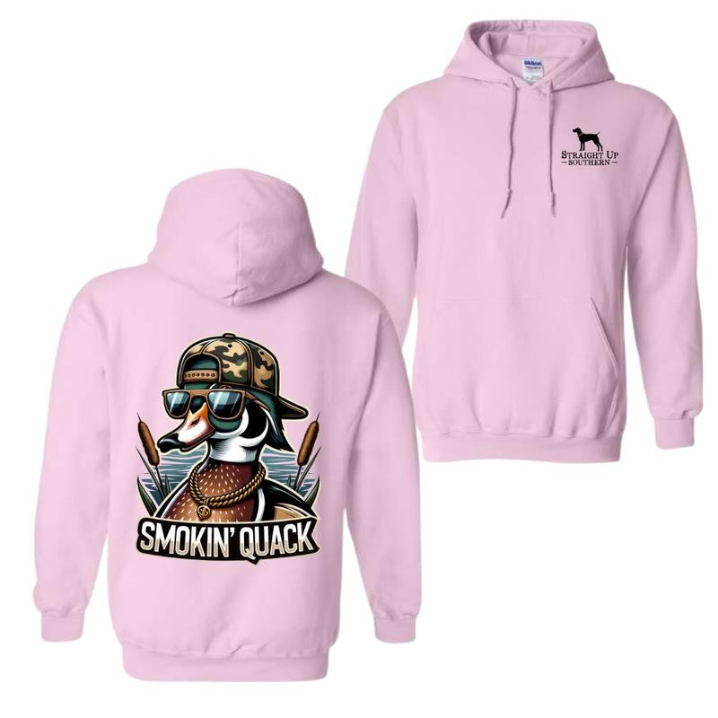 Smokin' Quack Hoodie and T-shirt - Sand design featuring a playful duck in sunglasses and a camo hat, unisex hoodies for man and women