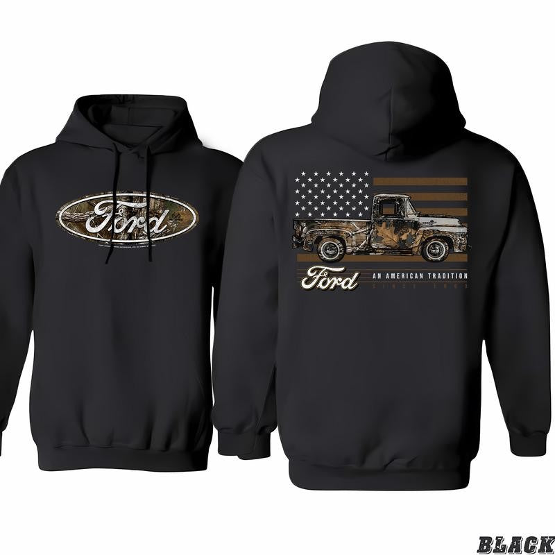 Ford Camo Truck With â€œAn American Tradition Since 1903â€ Hoodie, Wide Color Selection, Shared Wardrobe Options, Classic Cotton, Menswear Unisex, Unisex