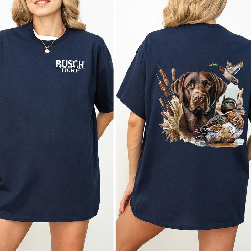 Busch Light Dog and Duck Graphic 2-Sided Shirt, Vintage Mallard Hunting Tshirt, Outdoors Dog Hunting Duck T-shirt, Cotton Fabric Casual Womenswear