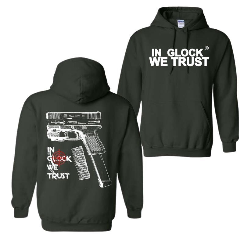 In Glock We Trust Hoodie, Double Side Graphics, For Him, For Her, Mens Hoodies