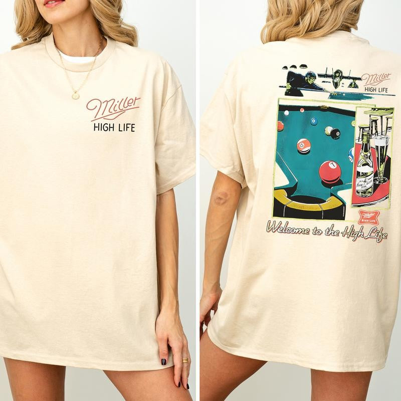 Vintage Miller High Life Sportsmans Club Shirt 2-Sided, Retro Miller High Life Graphic Printed Tee, Billiard Shirt, Cotton T-shirt, Casual Womenswear